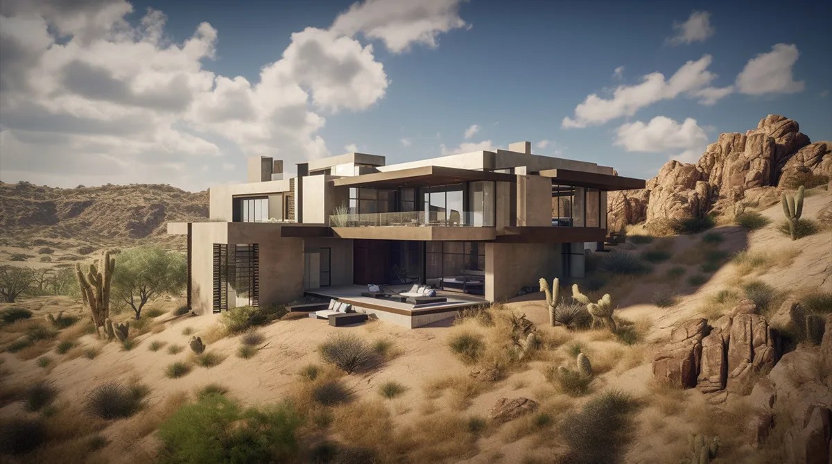 Andrew's midjourney Created image of a modern residence in the desert