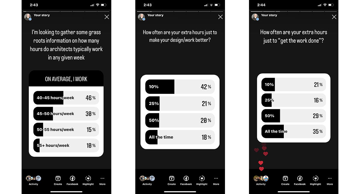 Bob Borson Instagram Poll - Do Architect Work a lot of Hours