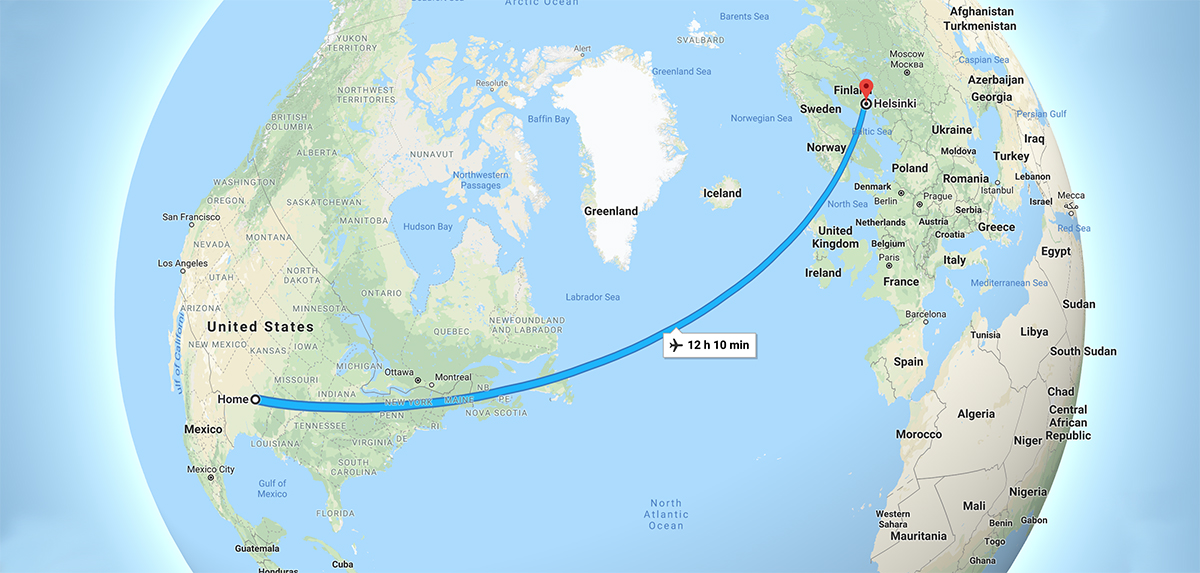 Map from Dallas To Helsinki, Finland