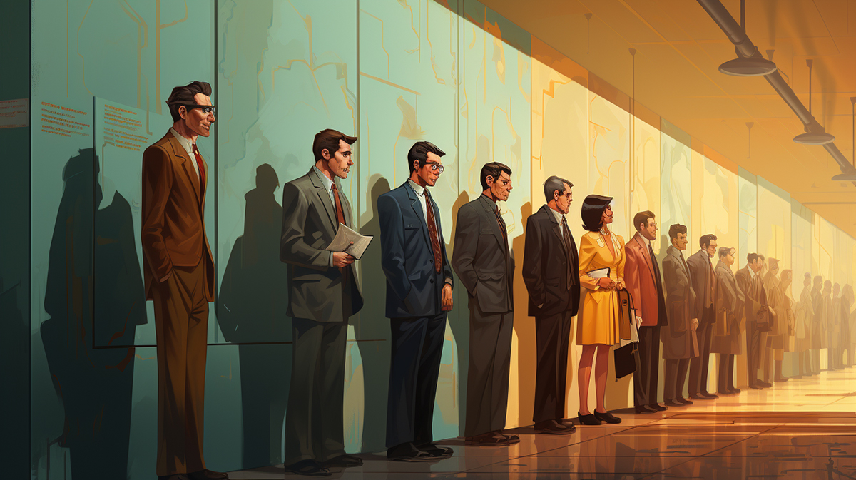 employee evaluation : waiting in line outside of the human resources department