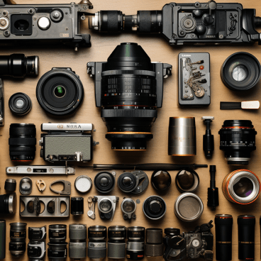 camera lenses laid out in a highly organized manner