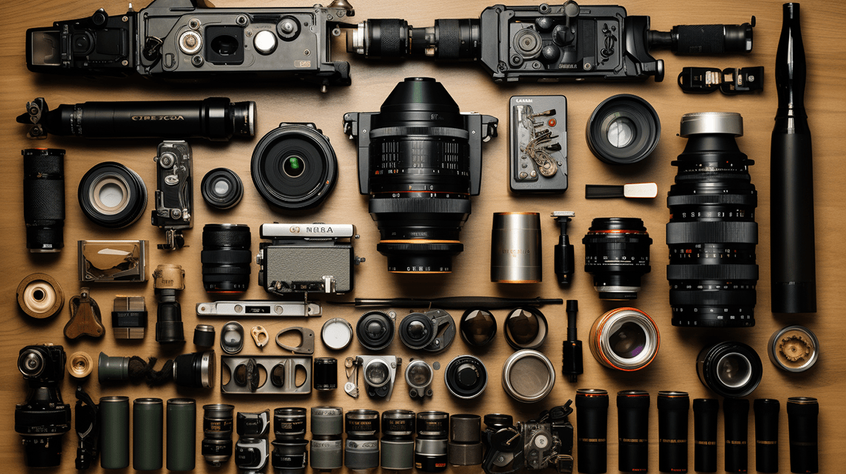 camera lenses laid out in a highly organized manner