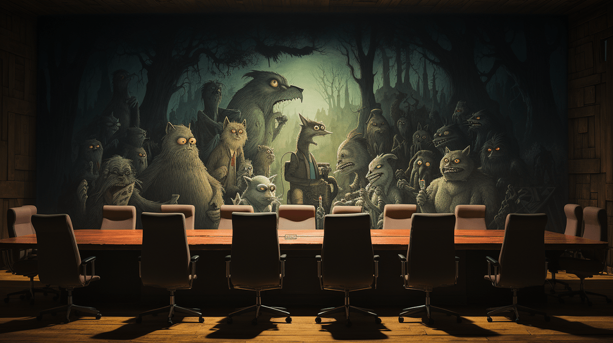 conference room table art in the style of Maurice Sendak