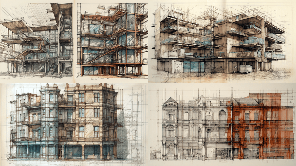 architectural drawing in mixed media - pencil and prismacolor