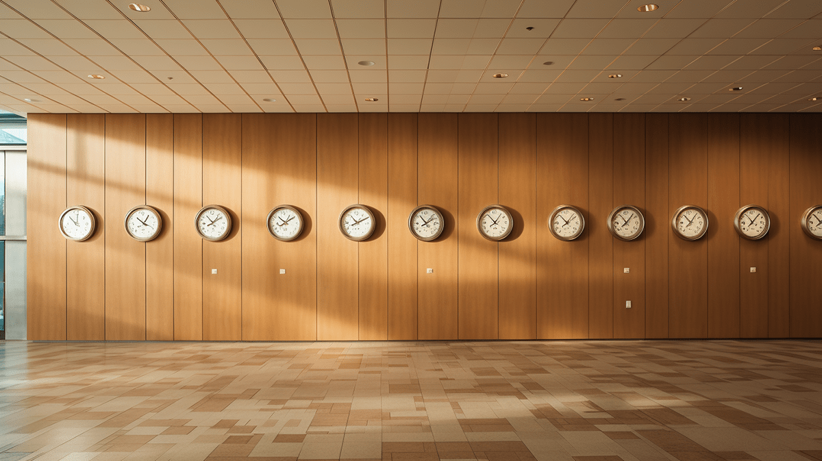 a wall of generic clocks on a wall of wood paneling
